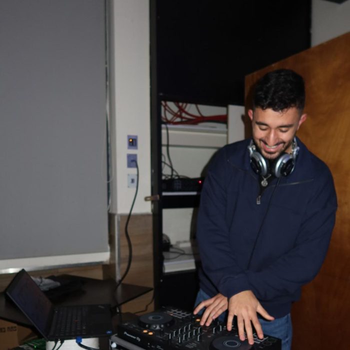 Playing a university event, tinsel on the booth
